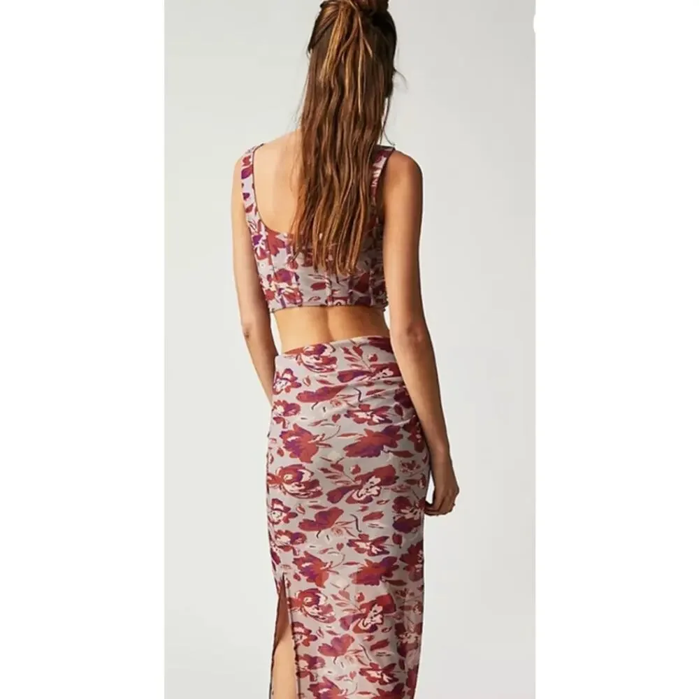 Free People Out & About Floral Mesh 2 Piece Corset Top Skirt Set Small